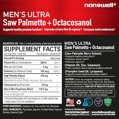 Men's Ultra Saw Palmetto + Octacosanol - 60 Softgels x 1 Bottle, Men Health, Dietary Supplement (60 Count)