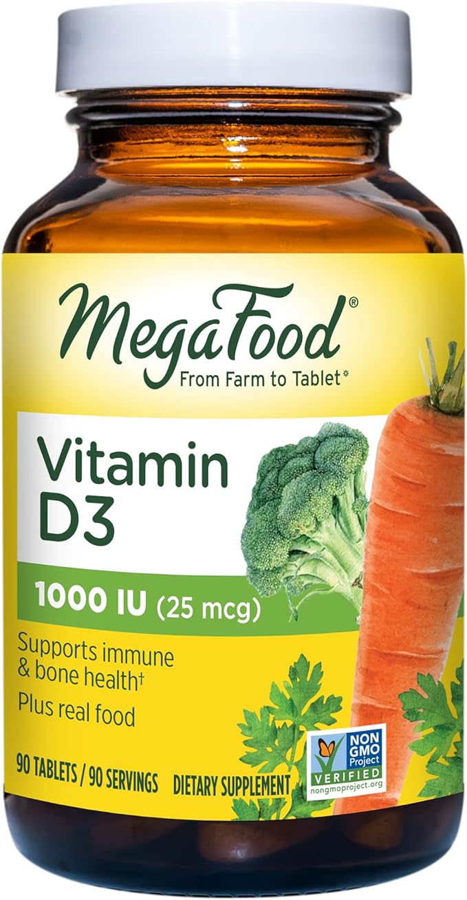 MegaFood Vitamin D3 1000 IU (25 mcg) - Immune Support Supplement - Bone Health - With easily-absorbed Vitamin D3 – Plus real food - Non-GMO, Vegetarian - Made Without 9 Food Allergens - 90 Tabs