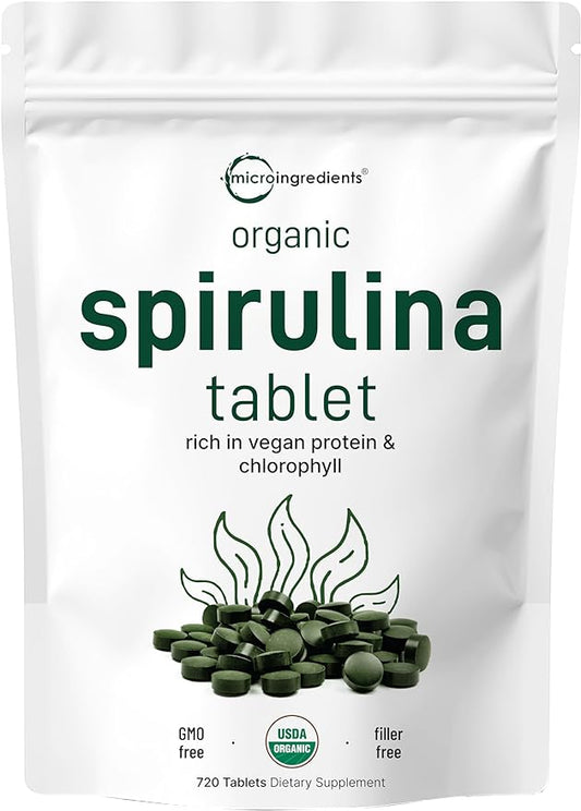 Micro Ingredients Organic Spirulina Supplement, 3000MG Per Serving, 720 Tablets (4 Month Supply), No Filler & Non-GMO, Rich in Vegan Protein, Vitamins & Prebiotics, Premium Spirulina Pills