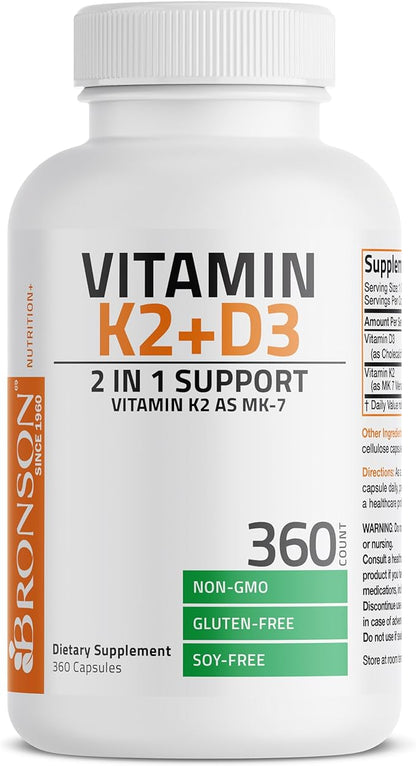 Bronson Vitamin K2 (MK7) with D3 Supplement Non-GMO Formula 5000 IU Vitamin D3 & 90 mcg Vitamin K2 MK-7 Easy to Swallow Vitamin D & K Complex, 360 Capsules