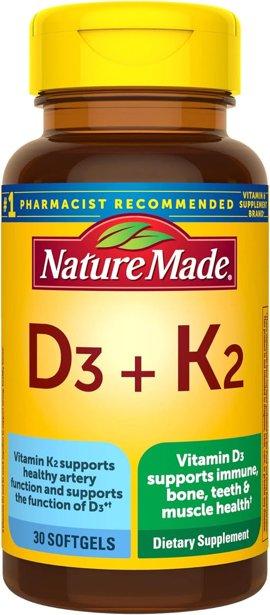 Nature Made Vitamin D3 K2, 5000 IU (125 mcg) Vitamin D, Dietary Supplement for Bone, Teeth, Muscle and Immune Health Support, 30 Softgels, 30 Day Supply