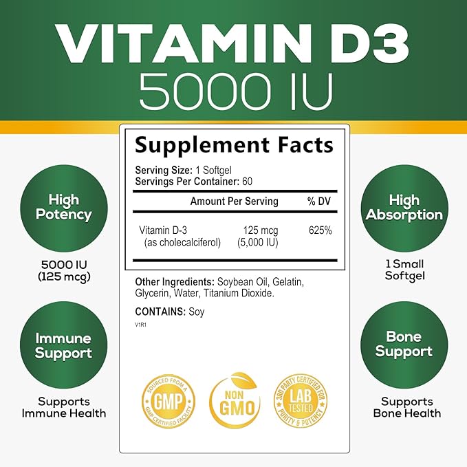 Vitamin D3 5000 IU (125 mcg) - High Potency Vitamin D-3 Supplement (2 Month Supply) for Bone, Teeth, Muscle and Immune Health Support - Dietary Supplement, Gluten Free, Non-GMO - 60 Softgels