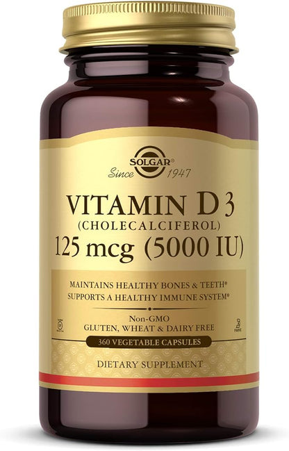 Solgar Vitamin D3 Cholecalciferol 125 mcg 5000 IU Vegetable Capsules Helps Maintain Healthy Bones Teeth Immune System Support Non GMO Gluten Free Dairy Free Kosher Servings - 360 Count