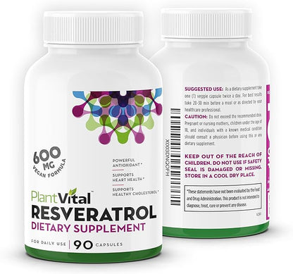 Plantvital RESVERATROL 600mg - Trans Resveratrol Supplement - Supports Immune System and Digestive Health - 90 Trans-resveratrol Capsules (1 Bottle)