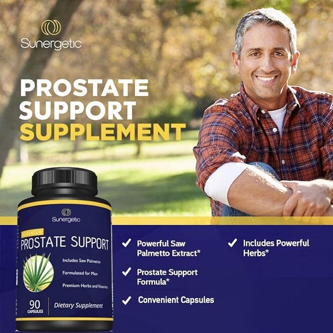 Sunergetic Premium Prostate Supplement – Powerful Prostate Support Capsules – Includes Saw Palmetto Extract & 30 Herbs for Prostate Health Support – 90 Capsules