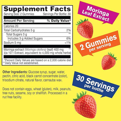 Moringa Leaves Extract Gummies (4,000mg) | Antioxidants, and Immune Support | Gluten Free, Non GMO | Strawberry Flavor | 60 Count