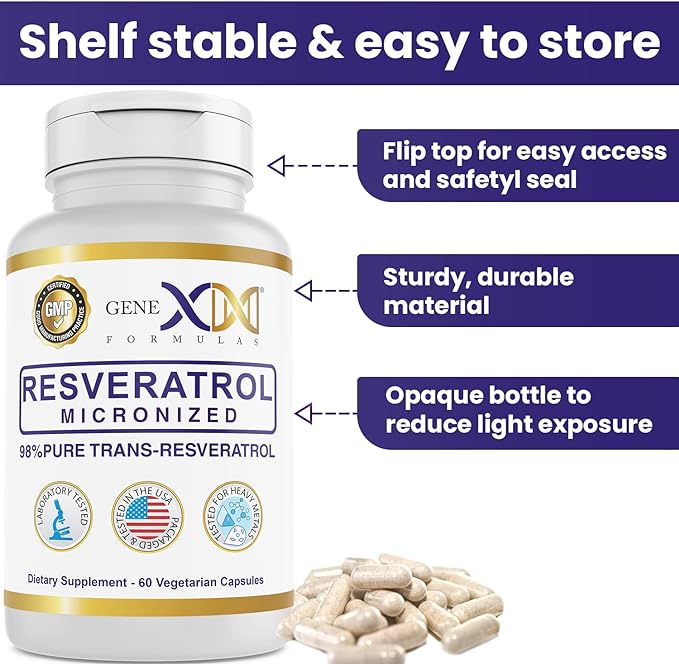 GENEX 98% Pure Trans-Resveratrol with BioPerine for Absorption (60 Capsules) Micronized, Lab-Tested, Fully Stabilized Resveratrol 600mg - Non-GMO, Gluten Free, Vegetarian