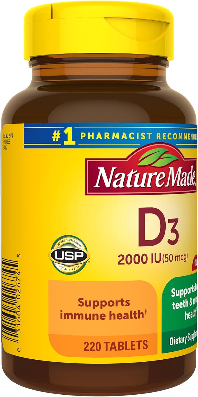 Nature Made Vitamin D3 2000 IU (50 mcg), Dietary Supplement for Bone, Teeth, Muscle and Immune Health Support, 220 Tablets, 220 Day Supply