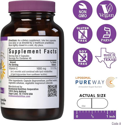 Bluebonnet Nutrition Liposomal Vitamin C 1000 mg, Made with Sunflower Oil, Immune & Joint Comfort*, Vegan, Kosher, Non-GMO, Gluten-Free, Soy-Free Milk-Free, 180 Vegetable Capsules, 90 Servings