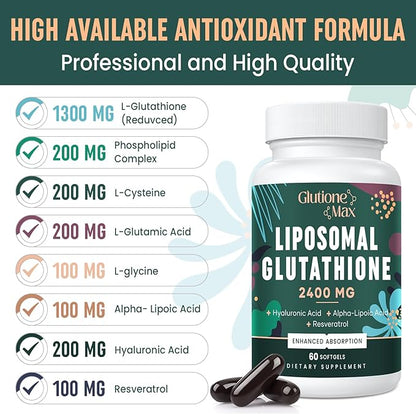 2400MG Liposomal Glutathione | Max Absorption | Glutathione Supplement with Hyaluronic Acid, Resveratrol, L - Glutathione Reduced, Non - GMO Antioxidant for Aging Defense, Energy, 120 Softgels