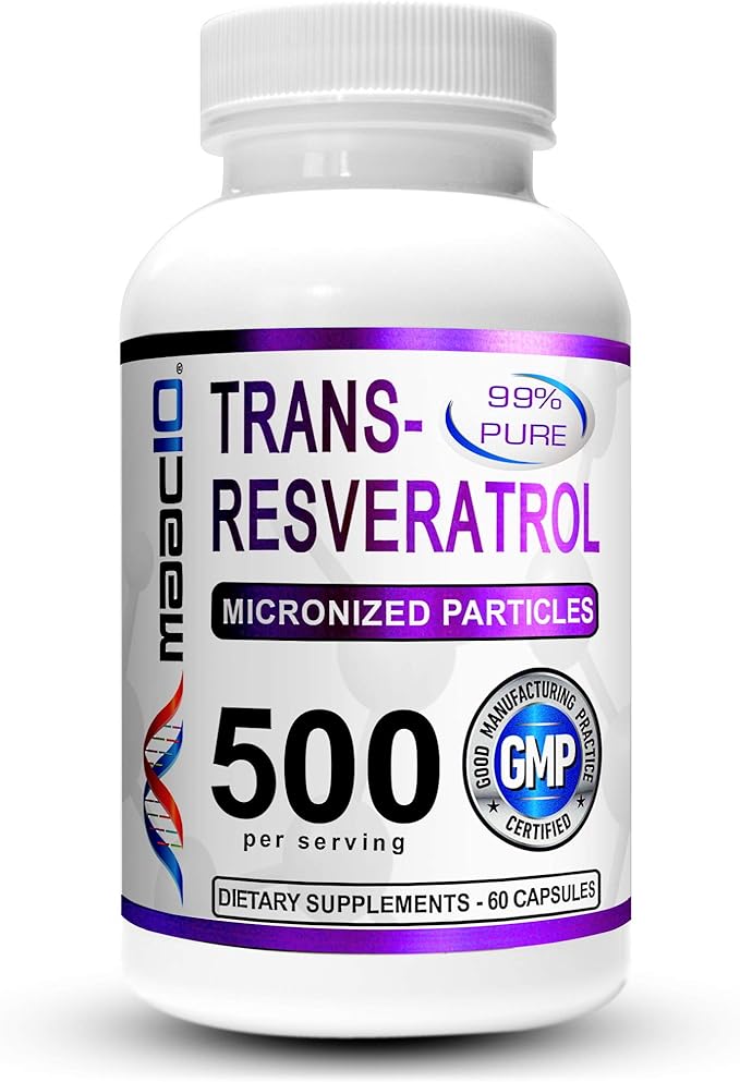 MAAC10 Trans Resveratrol 500mg Supplement (Micronized Pharmaceutical Grade 99% Pure Trans-Resveratrol Extract + BioPerine for Superior Absorption) (2X 250mg Capsules 60ct)