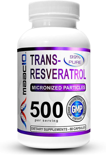 MAAC10 Trans Resveratrol 500mg Supplement (Micronized Pharmaceutical Grade 99% Pure Trans-Resveratrol Extract + BioPerine for Superior Absorption) (2X 250mg Capsules 60ct)