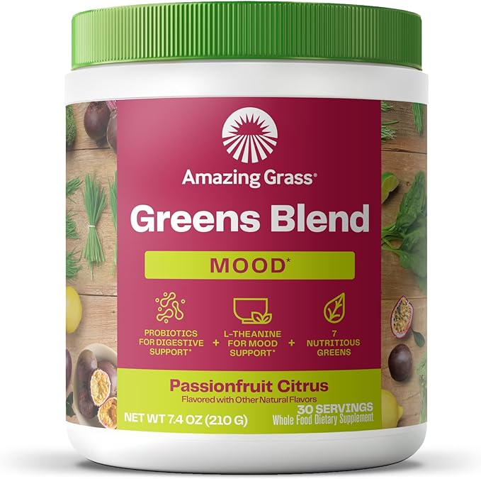 Amazing Grass Greens Blend Mood: Super Greens Powder Smoothie Mix for Mood, Relaxation & Stress Support with Organic Spirulina, Chlorella, Beet Root Powder, Digestive Enzymes & Probiotics, 30 Servings