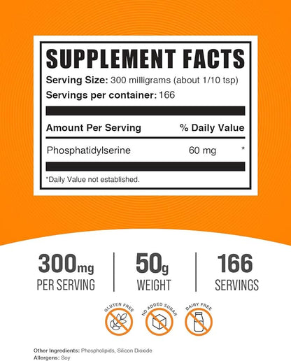 BulkSupplements.com Phosphatidylserine Powder - Phosphatidylserine Supplement, Sourced from Soy Beans - 300mg per Serving (60mg of Phosphatidylserine), 50g (1.8 oz) (Pack of 1)