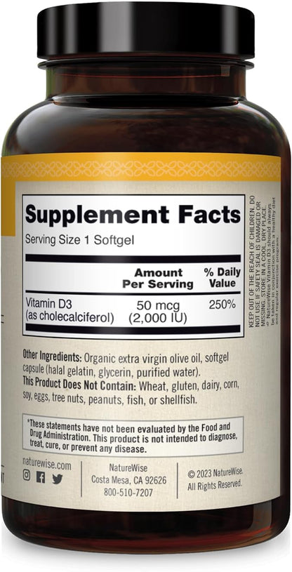 NatureWise Vitamin D3 2000iu (50 mcg) Healthy Muscle Function, and Immune Support, Non-GMO, Gluten Free in Cold-Pressed Olive Oil, ( Mini Softgel), 30 Count, (Package May Vary)