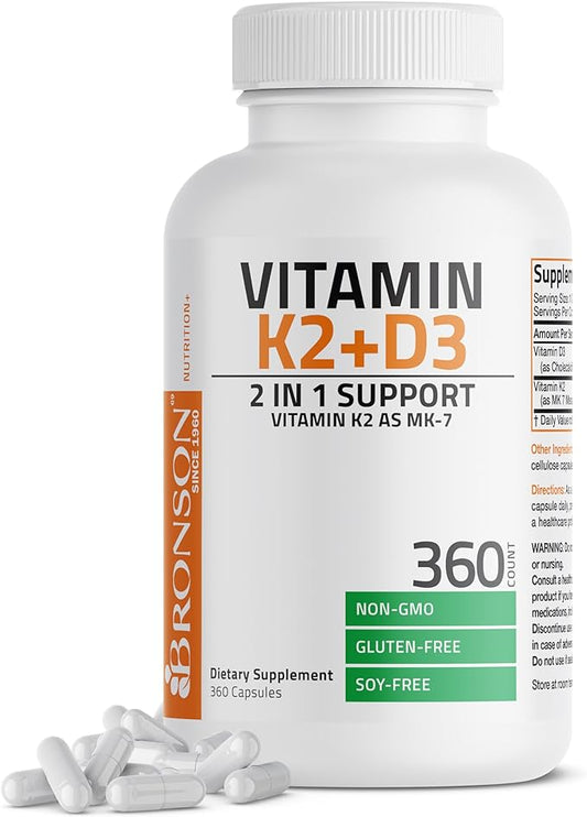 Bronson Vitamin K2 (MK7) with D3 Supplement Non-GMO Formula 5000 IU Vitamin D3 & 90 mcg Vitamin K2 MK-7 Easy to Swallow Vitamin D & K Complex, 360 Capsules