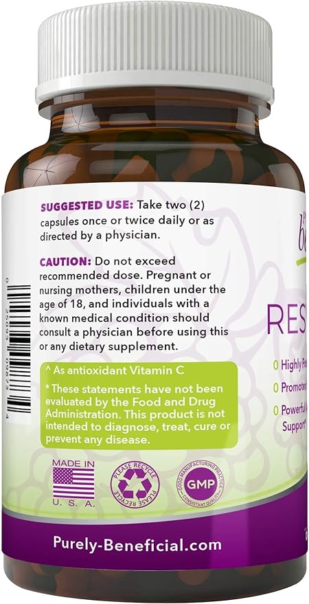 PURELY beneficial RESVERATROL1450-90day Supply, 1450mg per Serving of Potent Antioxidants & Trans-Resveratrol, Promotes Anti-Aging, Cardiovascular Support, Maximum Benefits (1bottle)