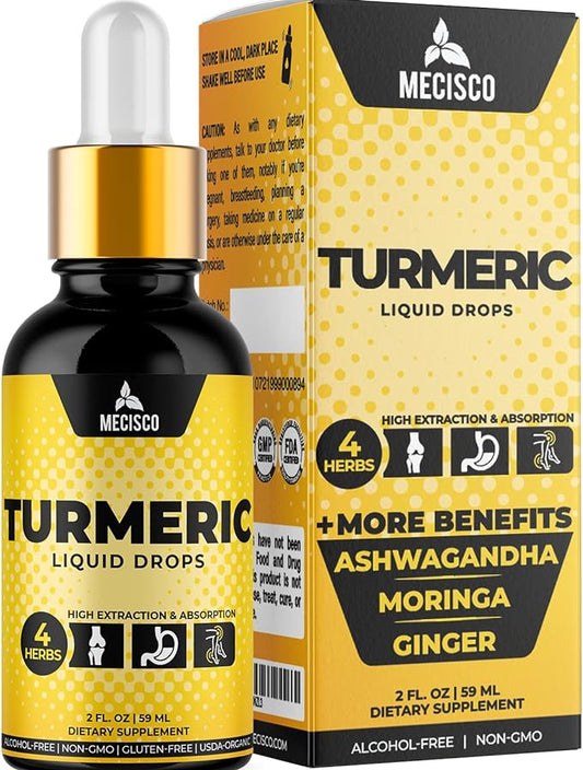 Organic Liquid Turmeric Drops 2 Fl Oz - 4 Blended Herbs with Extracted Moringa Leaf, Ashwagandha Root, Ginger - Support Joint, Energy, and Body Health for Men & Women - Vegan, Non-GMO