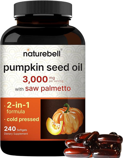 NatureBell Virgin Pumpkin Seed Oil 3,000mg Per Serving with Saw Palmetto, 240 Softgel Capsules | Cold Pressed – Rich in Omega 6 & 9 Essential Fatty Acids – Prostate & Bladder Supplements, Non-GMO