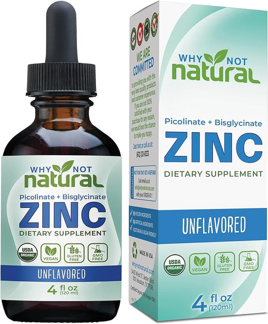 Organic Liquid Zinc Drops Supplement with Zinc Picolinate and Bisglycinate 4 fl, USDA Organic, Gluten-Free, Vegan and GMO-Free (Unflavored)