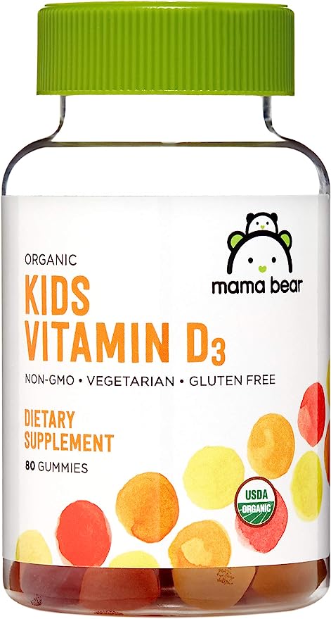 Amazon Brand - Mama Bear Organic Kids Vitamin D3 25 mcg (1000 IU) Gummies per serving, Bone and Immune Health, Strawberry, 80 Count