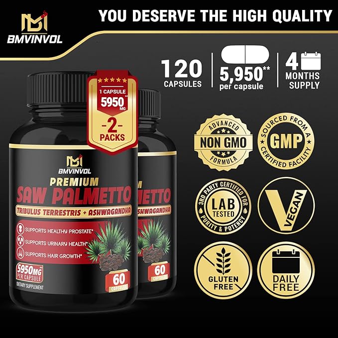 BMVINVOL (2 Packs) Saw Palmetto Supplement 5950mg - Supports Prostate Health, Urinary Health, Hair Care - Enhanced with Tribulus Terrestris, Ashwagandha Root Extract - 4 Months Supply