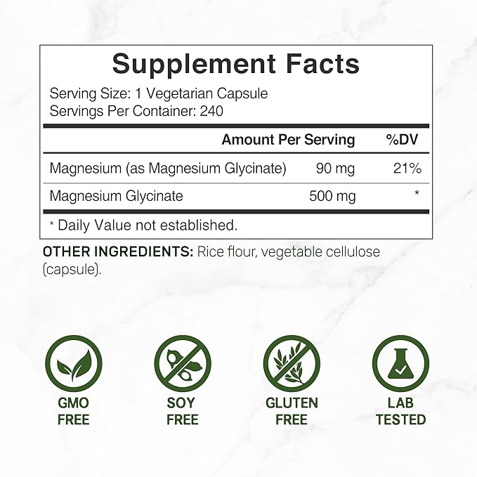 Magnesium Glycinate 500mg, 240* Veggie Capsules | Chelated for Easy Absorption | Highly Purified Essential Trace Mineral for Muscle, Joint, Heart, & Digestive Health