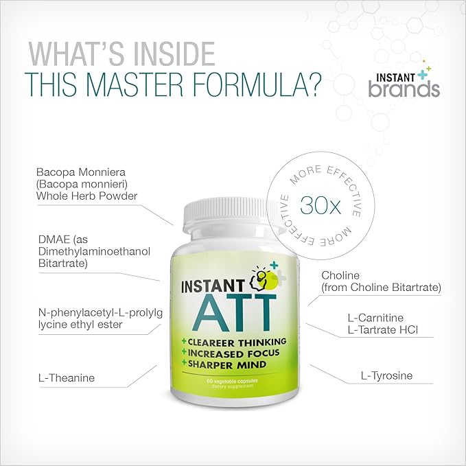 InstantATT - 7-in-1 Caffeine Free Nootropic All-Natural Brain, Focus, Memory Supplement (60 Capsules)