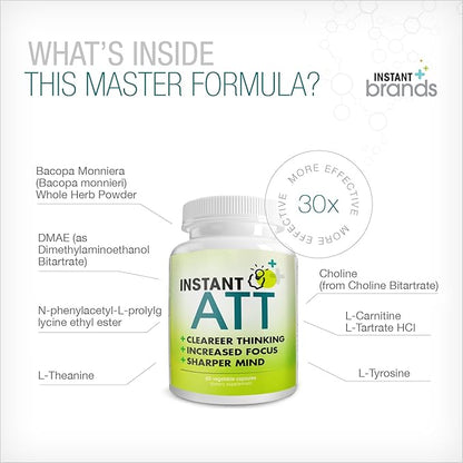 InstantATT - 7-in-1 Caffeine Free Nootropic All-Natural Brain, Focus, Memory Supplement (60 Capsules)