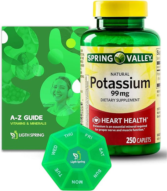 Spring Valley Potassium Capsules, 99 mg, 250 Count Bundle with Exclusive Vitamins & Minerals A to Z - Better Light&Spring Guide + Weekly Pill Organizer (3 Items)