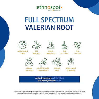 Full Spectrum Valerian Root Capsules - Assists in Sustained & Natural Nighttime Sleep - All Natural Valerian Root Extract Blend - Enhanced Alkaloid Profile - All Natural - 125 Vegan Capsules