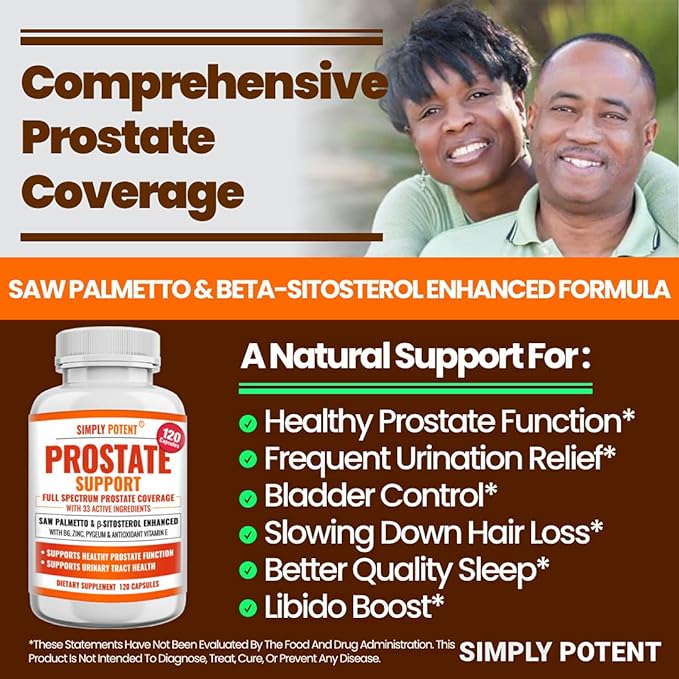 Prostate Supplements for Men (120 Capsules), Saw Palmetto Prostate Health Support - 33 Vitamins & Herbs - Beta Sitosterol Plus B6, Selenium & Zinc for Healthy Urination Frequency & Flow & Proper Sleep