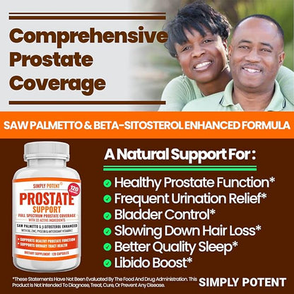 Prostate Supplements for Men (120 Capsules), Saw Palmetto Prostate Health Support - 33 Vitamins & Herbs - Beta Sitosterol Plus B6, Selenium & Zinc for Healthy Urination Frequency & Flow & Proper Sleep