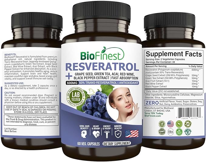 Resveratrol 1200mg Supplement - 50% Trans Resveratrol Antioxidant - Acai Berry Grape Seed Green Tea Black Pepper Red Wine Extract - Skin Beauty Brain Heart - Made in USA (60 Veg. Capsules)