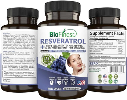 Resveratrol 1200mg Supplement - 50% Trans Resveratrol Antioxidant - Acai Berry Grape Seed Green Tea Black Pepper Red Wine Extract - Skin Beauty Brain Heart - Made in USA (60 Veg. Capsules)