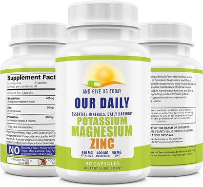 Magnesium Potassium Supplements W Zinc - 90 Capsules 400MG Magnesium,450MG Potassium,50MG Zinc for Vascular Health – High Absorption Vegan Potassium Magnesium Supplement for Leg Cramps and Sleep