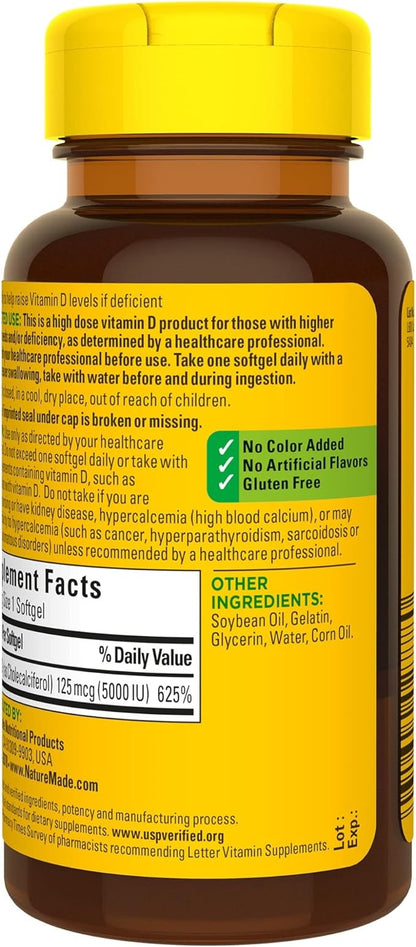 Nature Made Extra Strength Vitamin D3 5000 IU (125 mcg), Dietary Supplement for Bone, Teeth, Muscle and Immune Health Support, 180 Softgels, 180 Day Supply