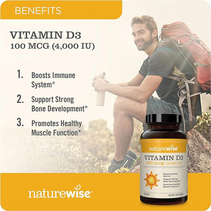 NatureWise Vitamin D3 4000iu (100 mcg) Healthy Muscle Function, and Immune Support, Non-GMO, Gluten Free in Cold-Pressed Olive Oil, Packaging Vary (Mini Softgel), 200 Count