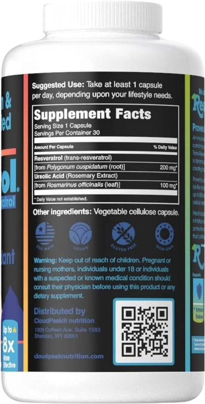 RESOLITROL - Powerful Antioxidant Formula with Trans-Resveratrol and Ursolic Acid - Supports Healthy Aging, Heart, and Metabolism - 30 Veggie Capsules