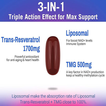 Liposomal 2200mg High Dose Softgel, Trans-Resveratrol 1700mg + TMG 500mg, Powerful Antioxidant for Anti-Aging, Skin Health, Cell Repair, NAD+ Level, Energy & Immune and Overall Health - 60 Softgels