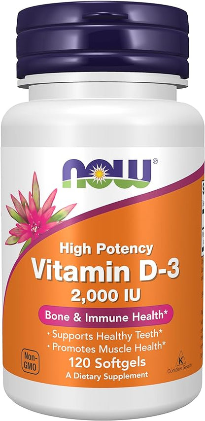 NOW Supplements, Vitamin D-3 2,000 IU, High Potency, Structural Support*, 120 Softgels