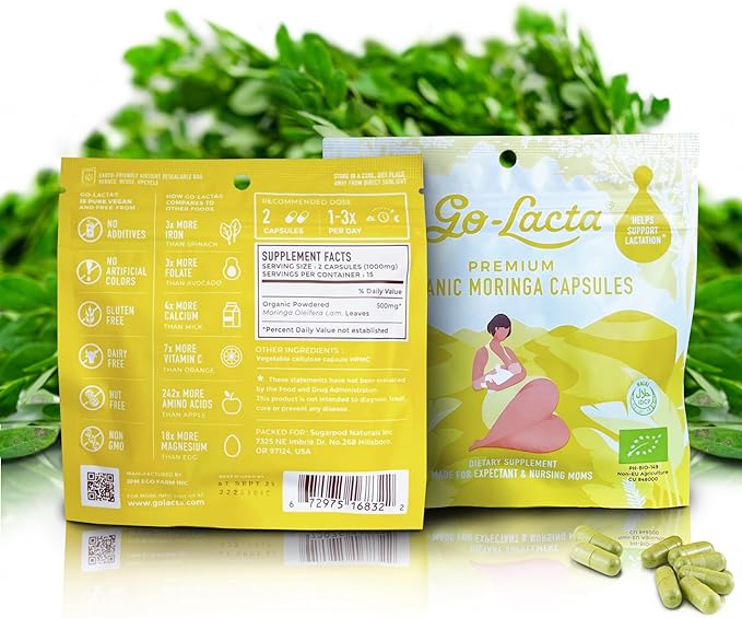 Go-Lacta® 100% Organic Moringa Capsules for Breastfeeding Moms - 30 Capsules - Pure Premium Postnatal Vitamins - Breastfeeding Supplements to Increase Milk Supply - Postpartum Vitamins for Women