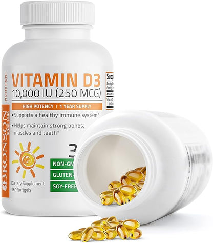 Bronson Vitamin D3 10,000 IU (250 mcg) High Potency - Supports Healthy Immune System, Strong Bones, Muscles & Teeth - Non GMO, 360 Softgels (1 Year Supply)