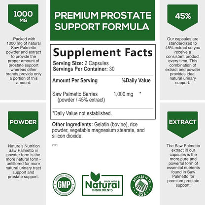 Saw Palmetto Extract Prostate Supplement - 1000 MG Saw Palmetto Supplement, Nature's Prostate Support Supplement for Men Health Support, Men's Prostate Urinary Health Support Supplement - 60 Capsules