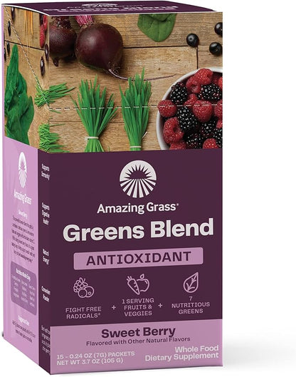 Amazing Grass Greens Superfood Antioxidant: Greens Powder with Organic Spirulina, Beet Root Powder, Elderberry & Probiotics, Sweet Berry, 15 Servings (Packaging May Vary)