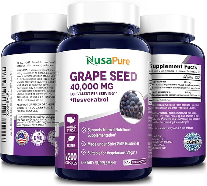 NusaPure Grape Seed Extract 40,000mg per Caps, 200 Vegan Capsules, Standardized, Non-GMO, Gluten Free, Resveratrol