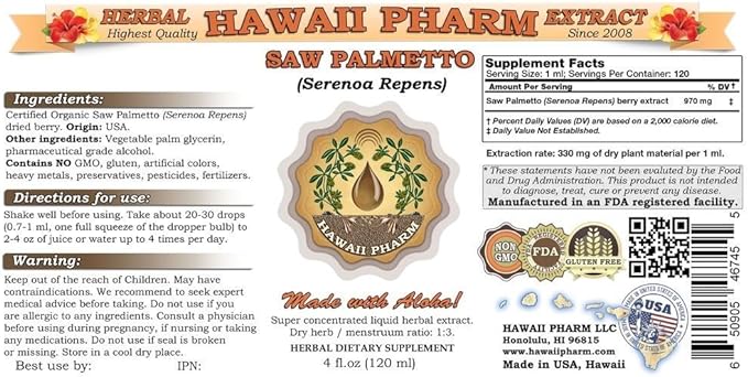 Hawaii Pharm Saw Palmetto Liquid Extract, Organic Saw Palmetto (Serenoa Repens) Tincture 4x4 oz