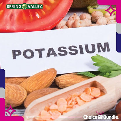 Spring Valley Potassium Heart Health Dietary Supplement Caplets 99 mg 250 CT 2 pk Choice Bundle (500 Total) + “Vitamin Vitality” Guide & Keychain Pill Container (4 Items)!