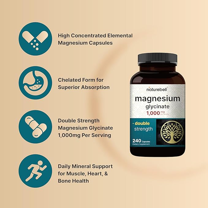 NatureBell Magnesium Glycinate Supplement 1,000mg | 500mg Per Capsule, 240 Pills | 100% Chelated & Purified – Non-GMO & Gluten Free