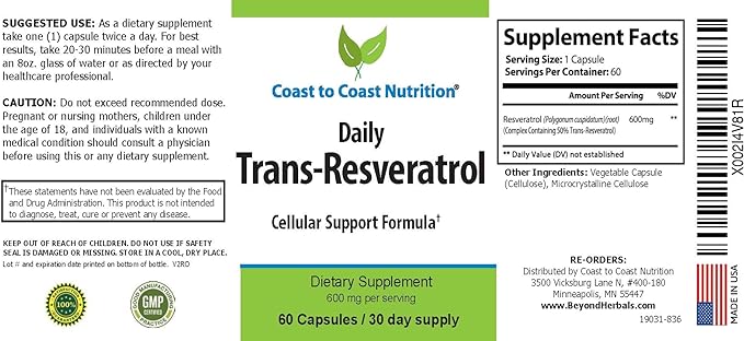 Trans Resveratrol Supplement - Organic Capsules - Supplements for Women and Men, Natural Antioxidant, Polyphenols Supplement - 60 Capsules, 600mg, 30 Day Supply